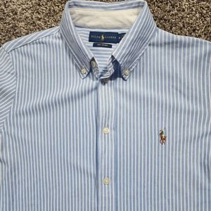 Ralph Lauren Shirt Mens Medium Blue White Candy Stripe Knit Oxford Flesh Pony